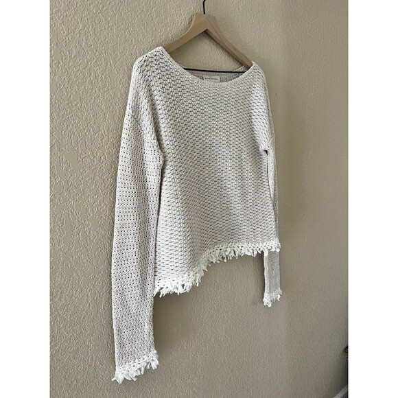 WHITE + WARREN Subtle Stripe Knot Fringe Knit Sweater Minimalist Size M - Picture 2 of 7